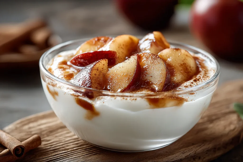 Bowl of thick yogurt topped with warm cinnamon caramel apples—tender, translucent slices with red peel edges visibly retained and a light cinnamon dusting.