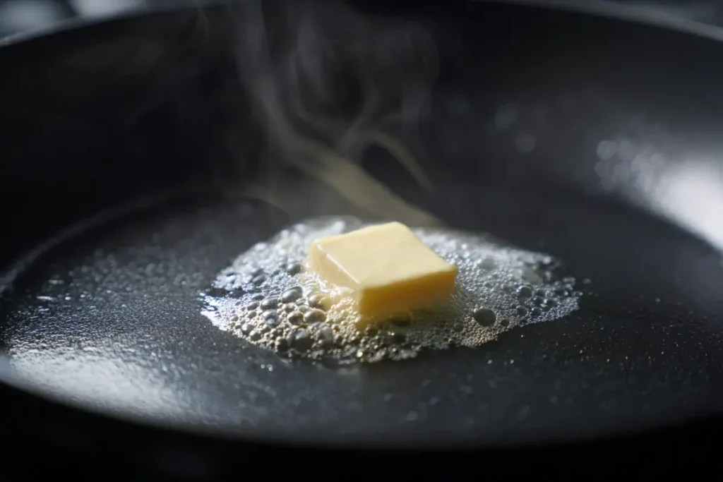 Butter melting and just starting to foam in a 10-inch skillet, gentle steam rising.