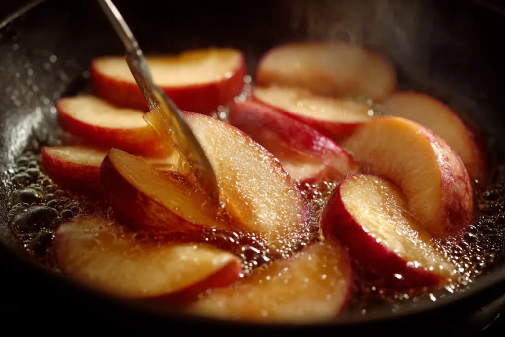 apple slices sizzling in butter in a skillet, one slice being gently turned with a spoon.