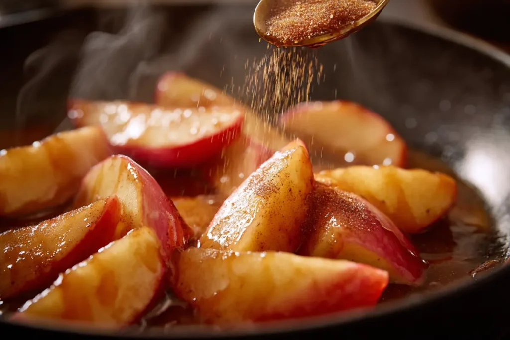 Light brown sugar and ground cinnamon sprinkling from a spoon onto glossy apple slices in a skillet.