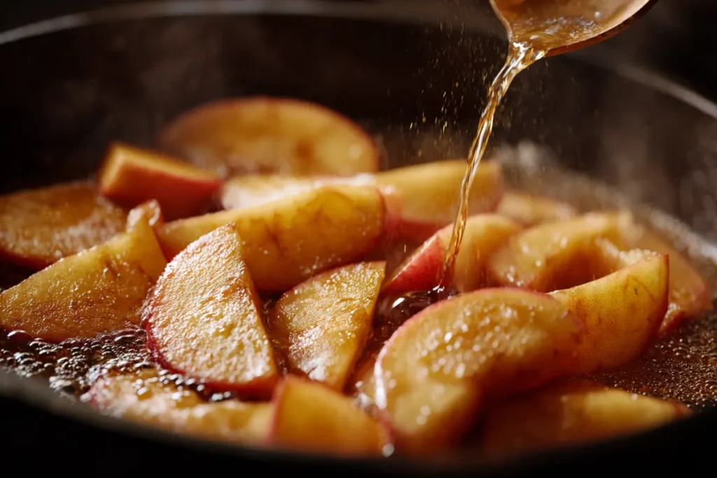 Pouring lemon juice into bubbling cinnamon-caramel apples in the skillet.