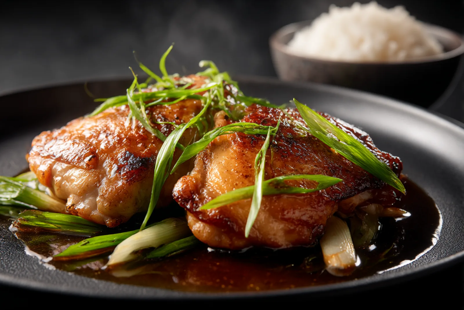 Two skin-on chicken thighs with glassy-crisp skin and a soy–rice-wine scallion pan sauce on a black plate.