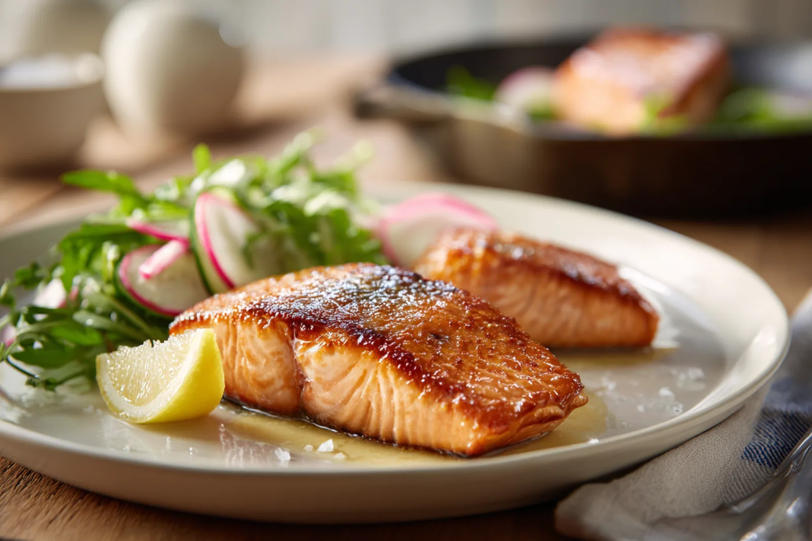 Two skin-on salmon fillets, skin side up and perfectly flat with crackly golden skin, plated with a small arugula salad, cucumber ribbons, radish and a lemon wedge.