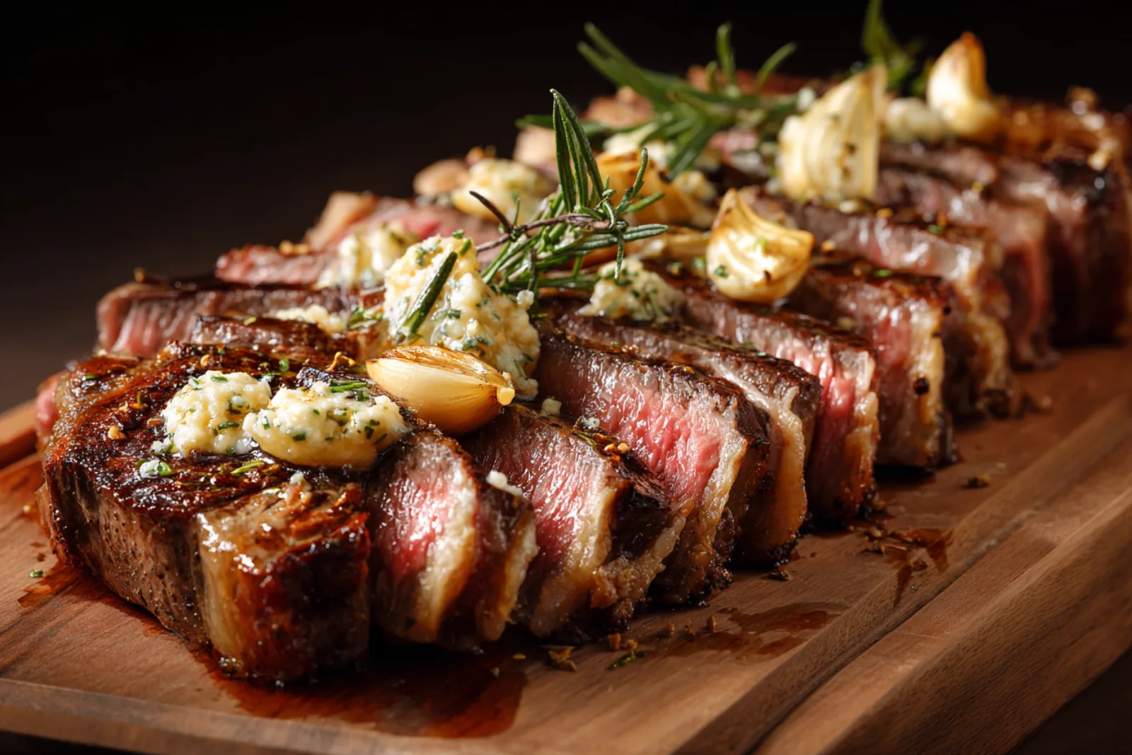 Close-up hero of sliced garlic-butter basted ribeye on a wooden board, topped with whole roasted garlic and rosemary.