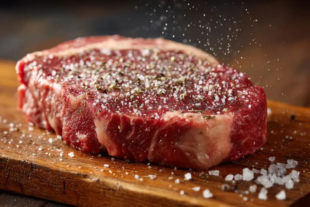 Raw ribeye on a wooden board being sprinkled with kosher salt and cracked black pepper; no butter or herbs yet.
