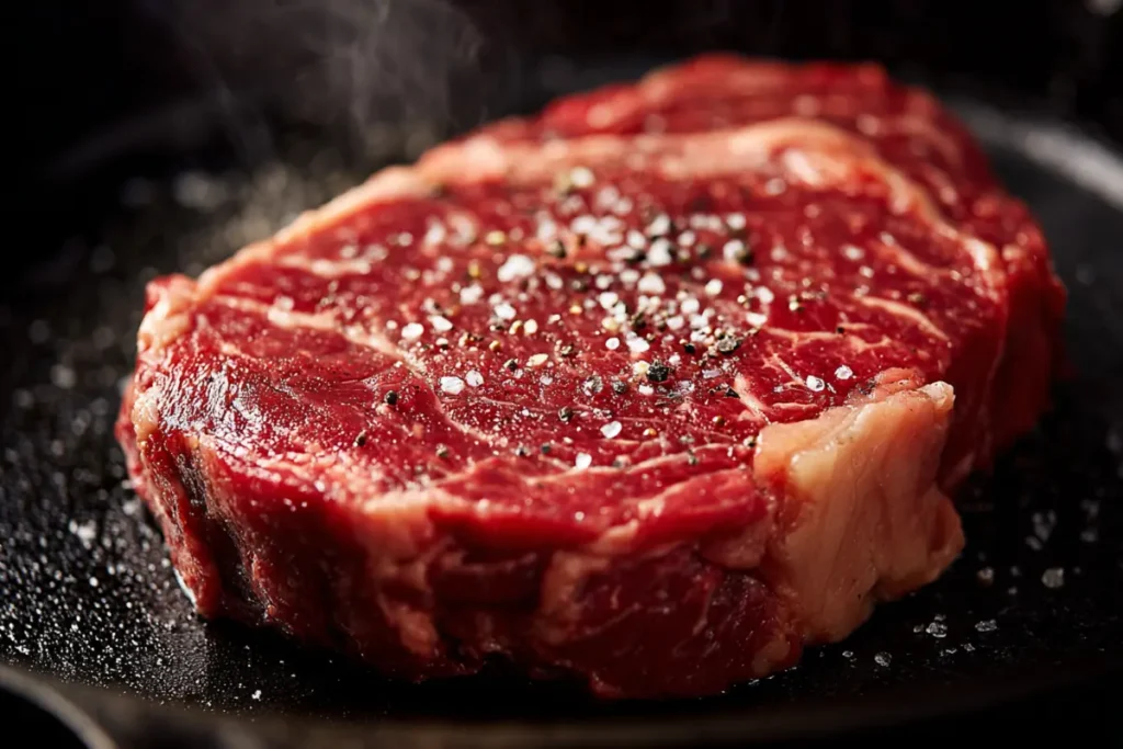 Uncooked seasoned ribeye in a hot cast-iron skillet with a light sizzle; no butter, garlic, rosemary, or thyme yet.