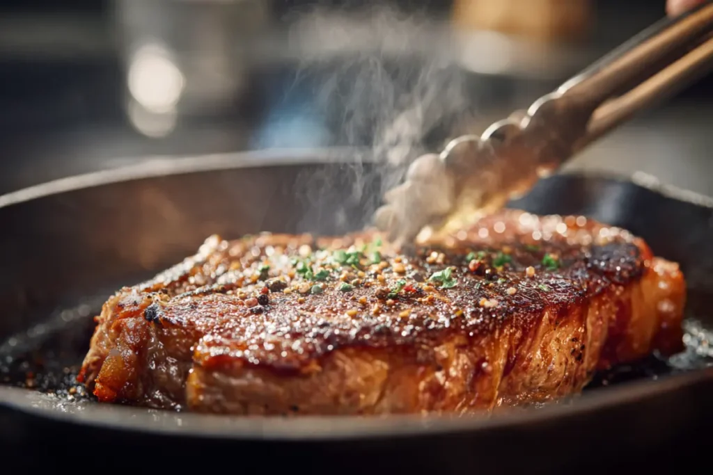 Ribeye being flipped with kitchen tongs in a cast-iron skillet, showing a deep golden-brown sear; no butter or herbs yet.