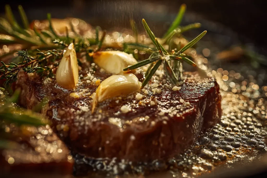 Foaming butter basting a ribeye in a cast-iron skillet with whole garlic cloves and rosemary sprigs.