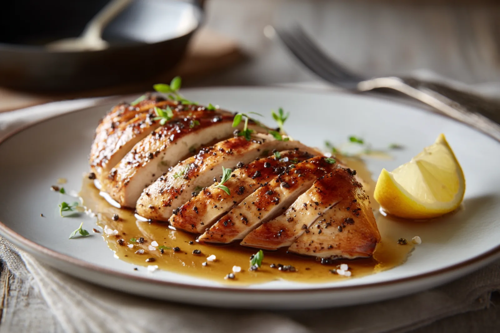 Sliced pan-seared chicken breast with a golden crust and brown-butter jus on a white plate, with a lemon wedge.