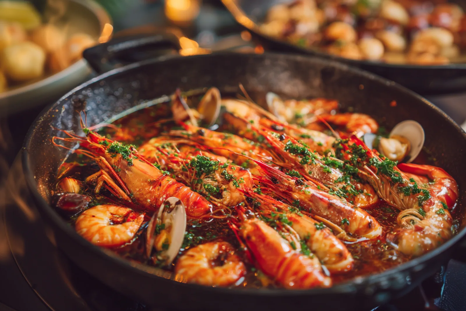 Spanish seafood stew (Mariscos a la Marinera) in a black skillet—prawns, mussels and clams simmered in tomato-wine sauce, garnished with parsley.