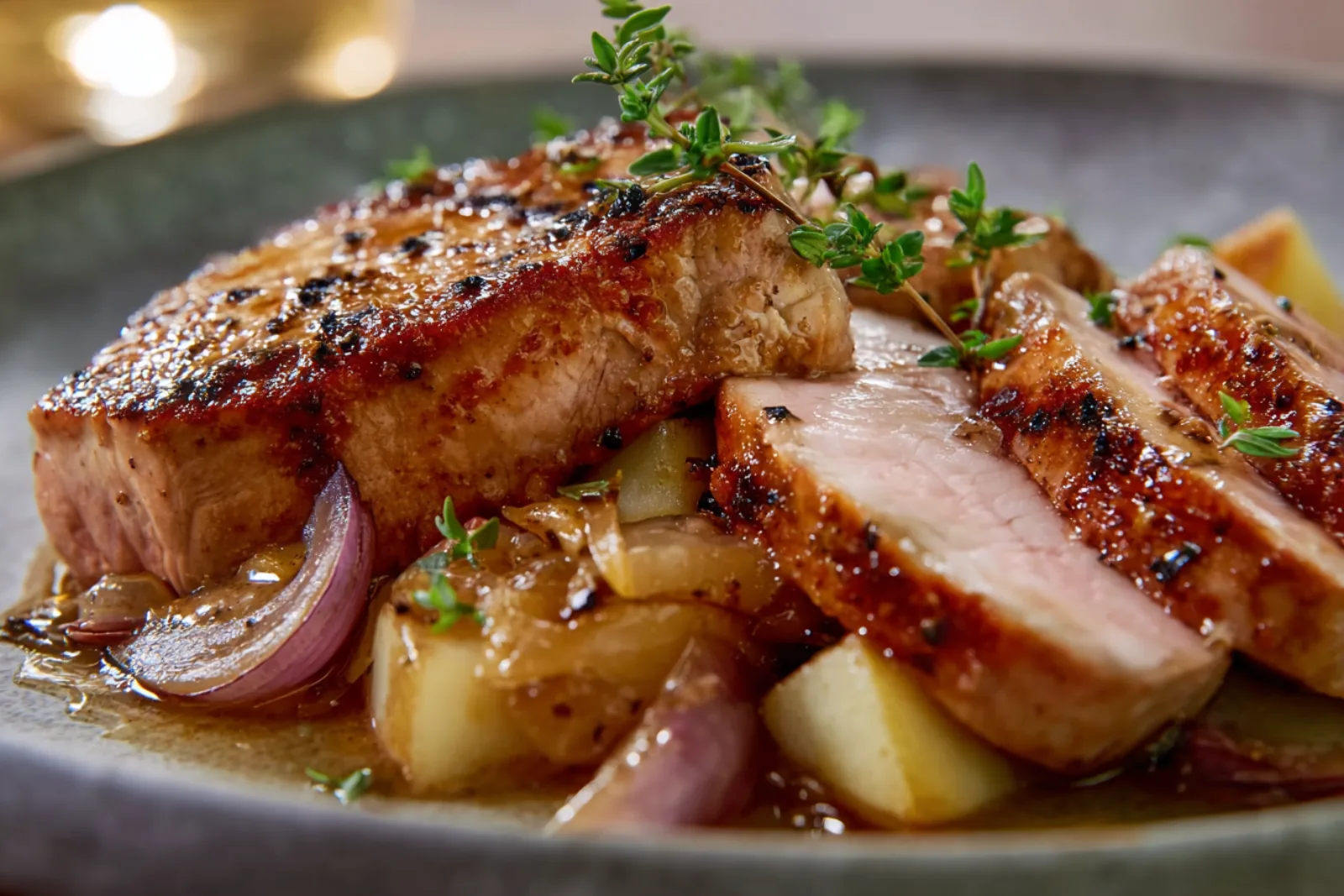 Sliced seared pork loin with sautéed onions and apple, finished with a cider–Dijon glaze on a stoneware plate.