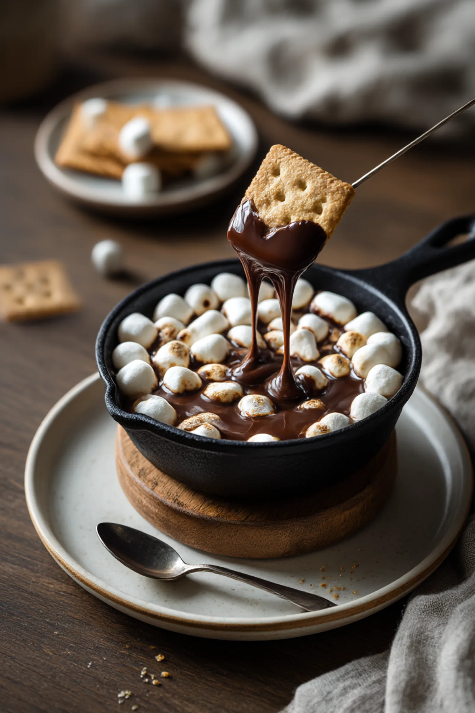 Single-serve mini cast-iron skillet s’mores dip on a trivet and plate—melted chocolate topped with toasted mini marshmallows; a graham cracker is lifted with a gooey drip.