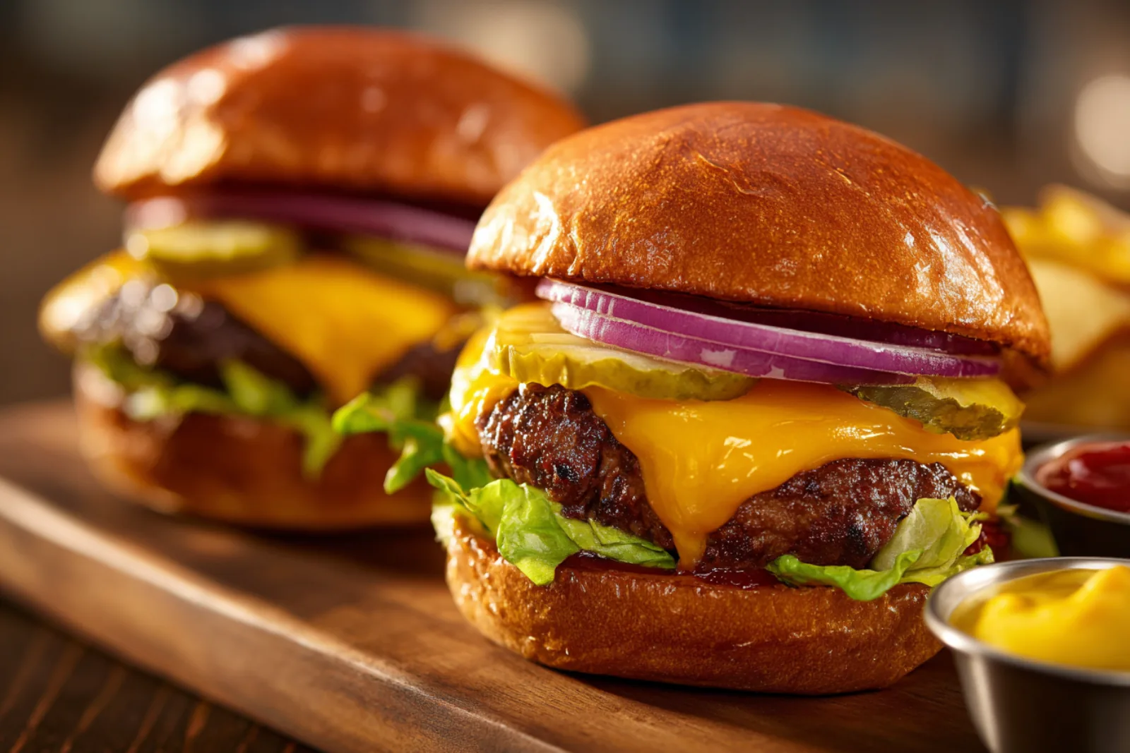 Hero shot of two double smash burgers on a wooden board—melted American cheese, crisp lettuce, pickle chips, and red onion on glossy toasted buns; ramekins of ketchup and mustard nearby.