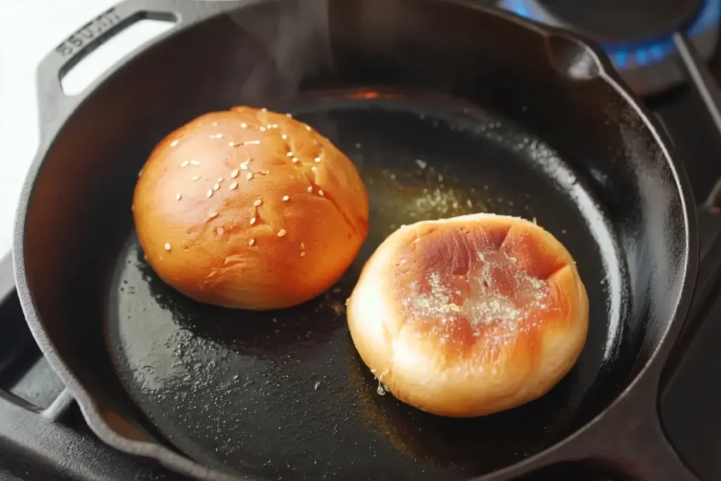 Two halves of a single burger bun toasting in a hot cast-iron skillet—one top half domed up, one bottom half showing a golden toasted cut side, melted butter and light steam visible.