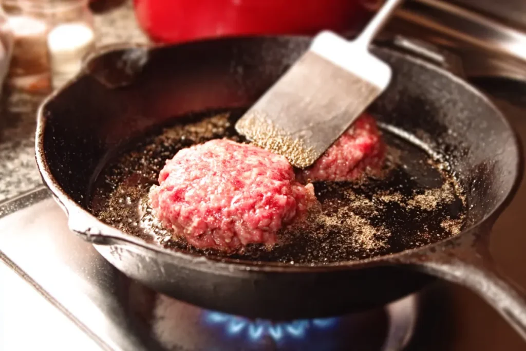 Two raw beef balls being pressed very thin with a metal spatula in a hot cast-iron skillet, active sizzle, oil speckles on the surface.