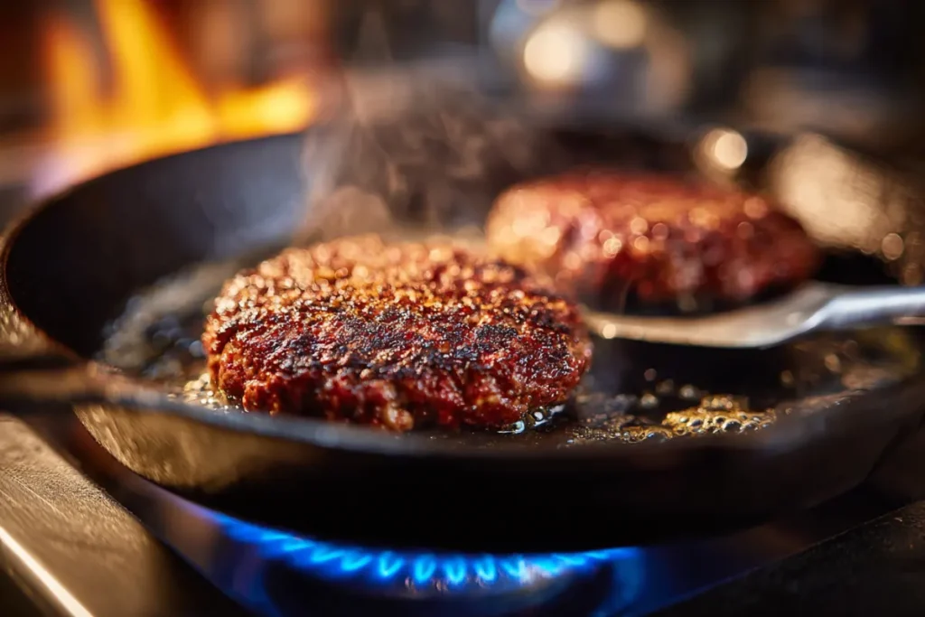 Smashed patty with lacy brown crust in a cast-iron skillet over a blue gas flame, metal spatula edge sliding underneath.