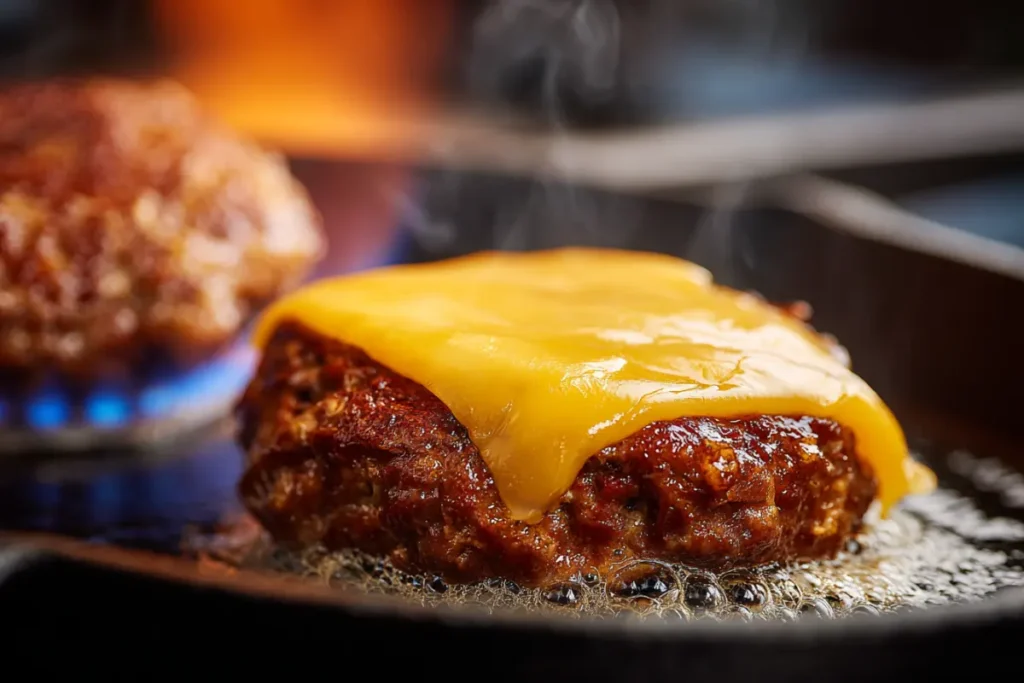 Close-up of a just-flipped smashed beef patty in a cast-iron skillet over a blue gas flame, slice of American cheese melting on top, butter bubbling at the edges.