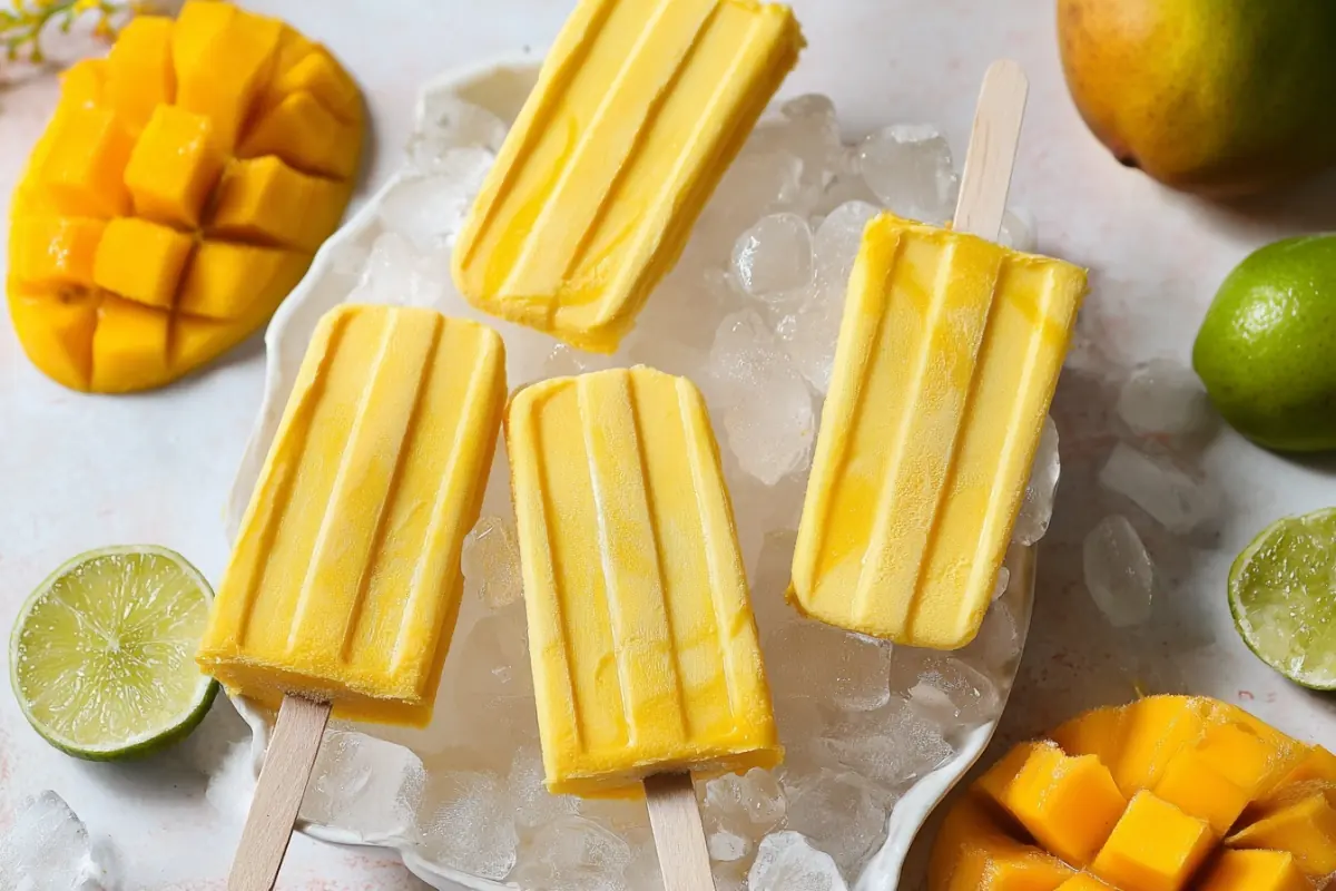Mango yogurt popsicles on ice