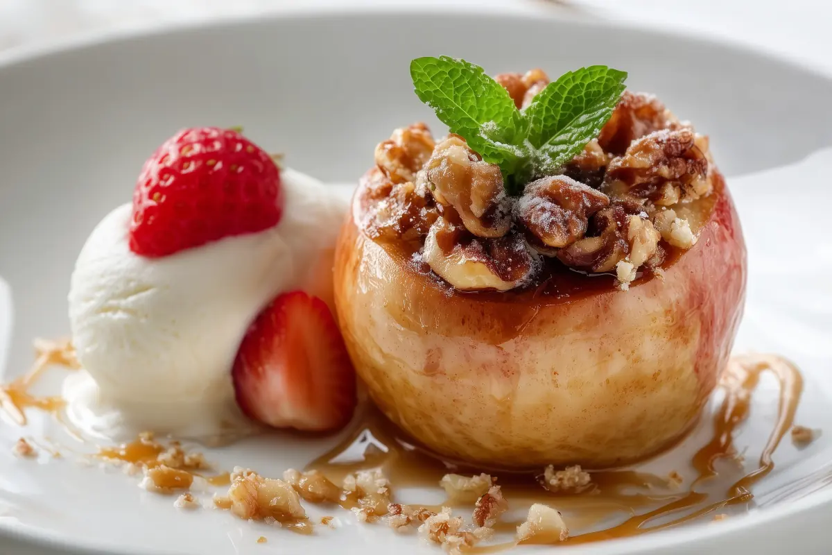 Baked apples with cinnamon sugar and walnuts in ceramic dish