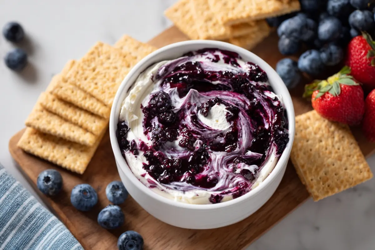 Blueberry‑swirled cheesecake dip with graham crackers