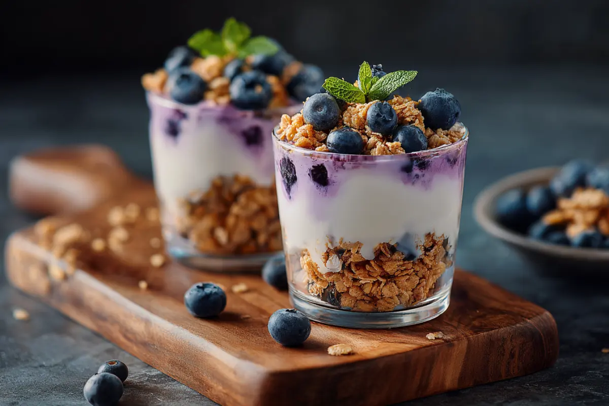 Blueberry yogurt parfait layered with granola and berries in glass