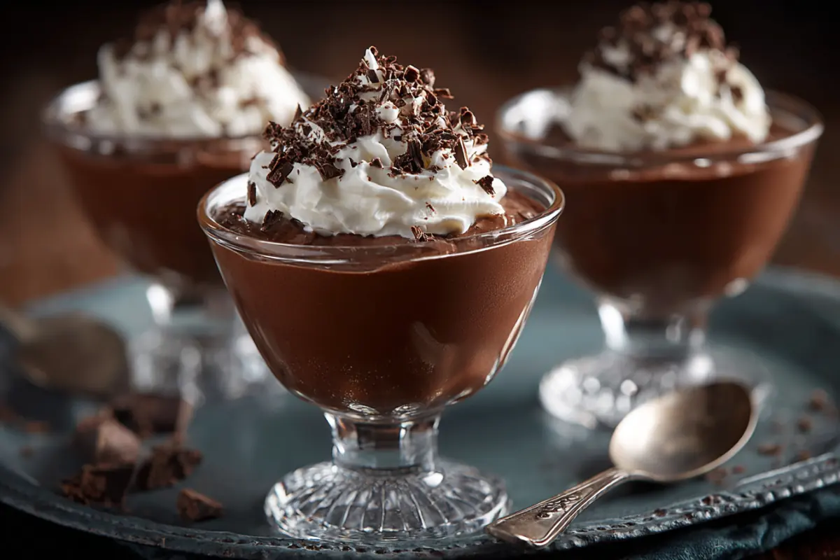 Chocolate mousse in glass cups with whipped cream and shavings