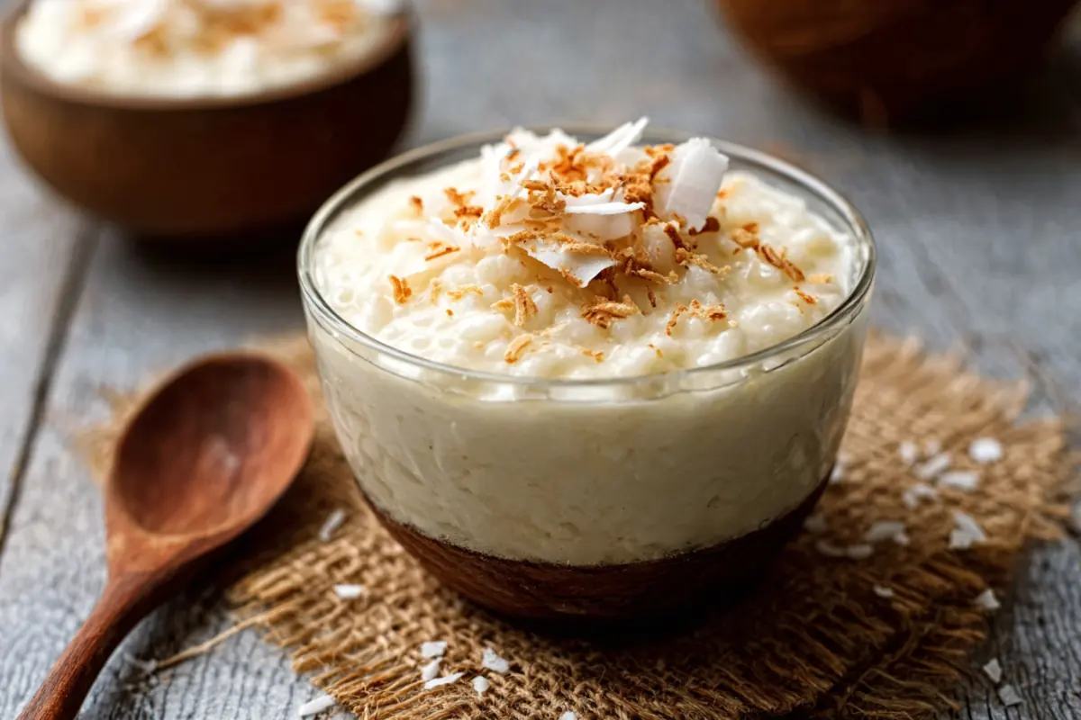 Coconut rice pudding in bowl with cinnamon sprinkle