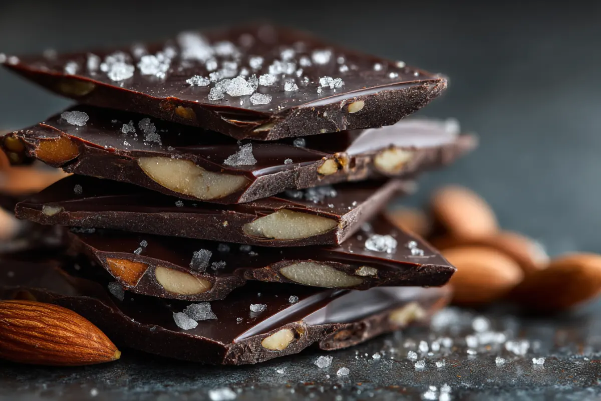 Dark chocolate almond bark pieces with sea salt crystals