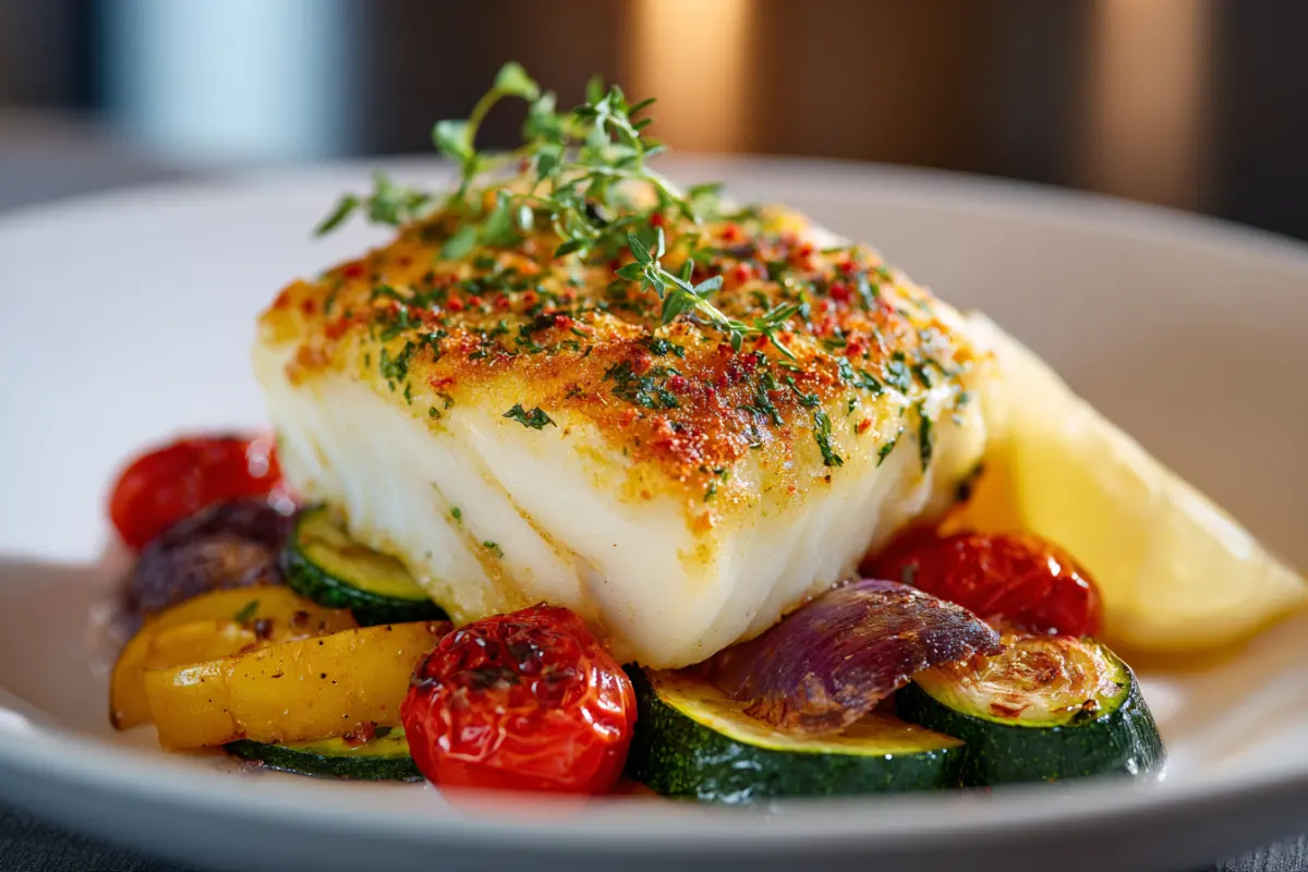 Baked cod fillet with golden herb crust and lemon wedge