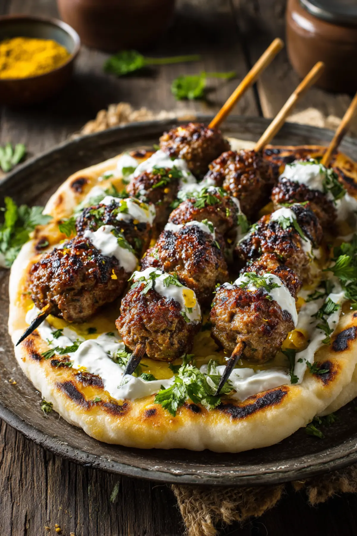 grilled lamb kofta skewers with yogurt sauce