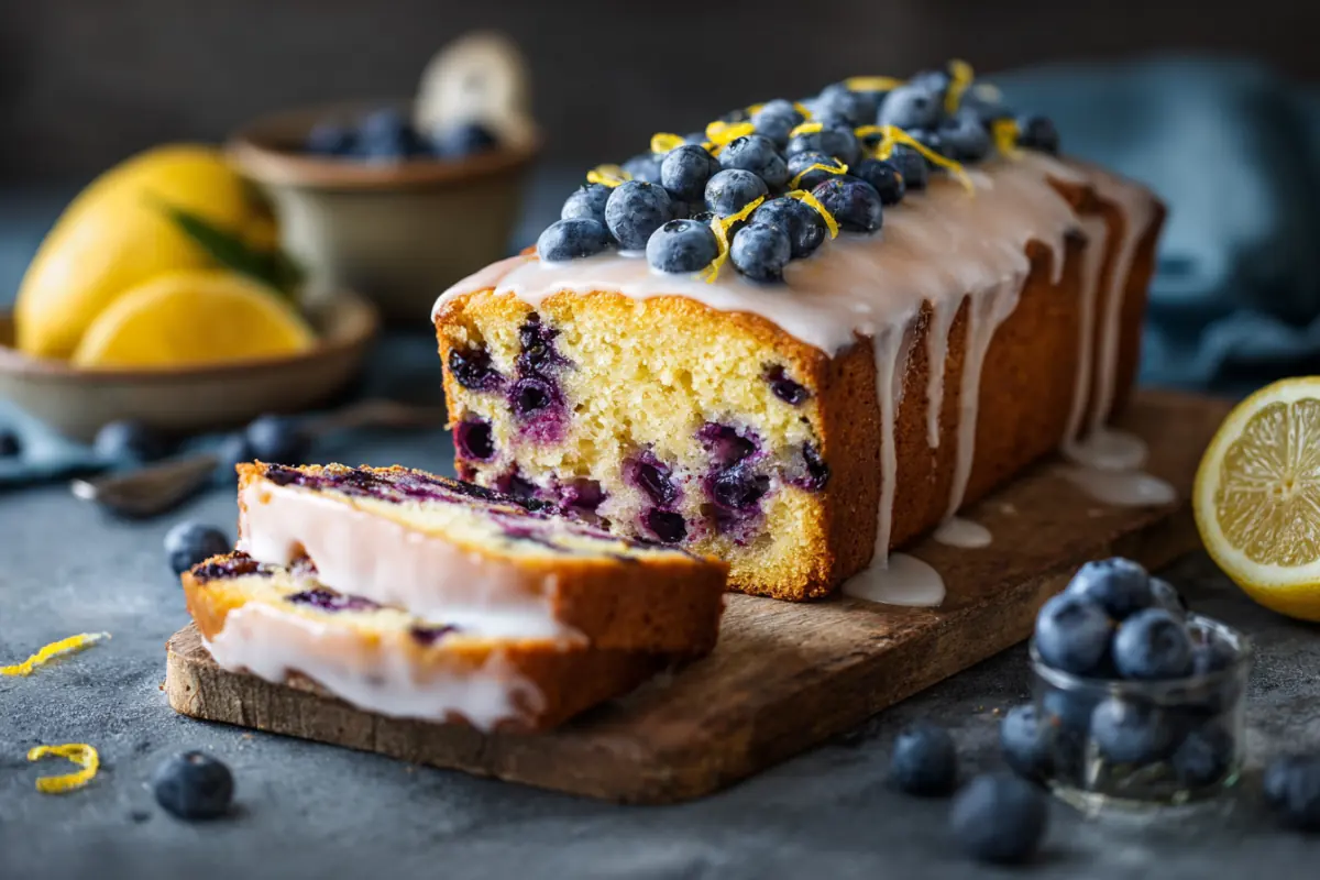 Lemon blueberry loaf cake sliced on wooden board