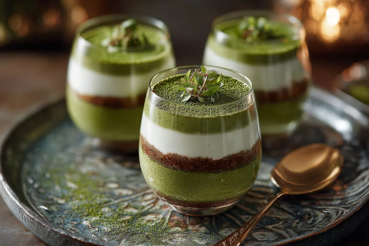 Matcha tiramisu layered in glass cup with green tea powder topping