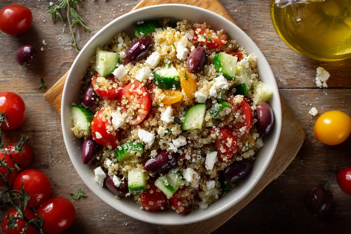 Mediterranean quinoa salad with tomatoes cucumbers olives and feta in white bowl