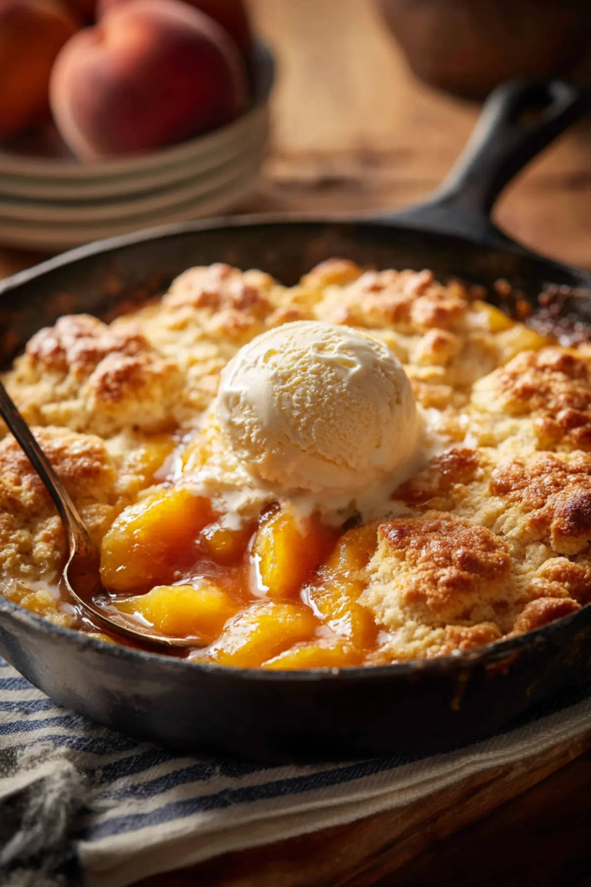 peach cobbler with biscuit topping and ice cream