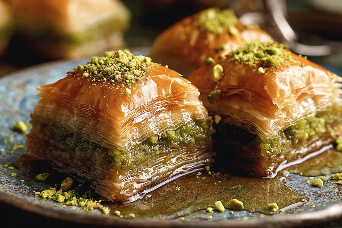 Pistachio baklava squares with honey syrup