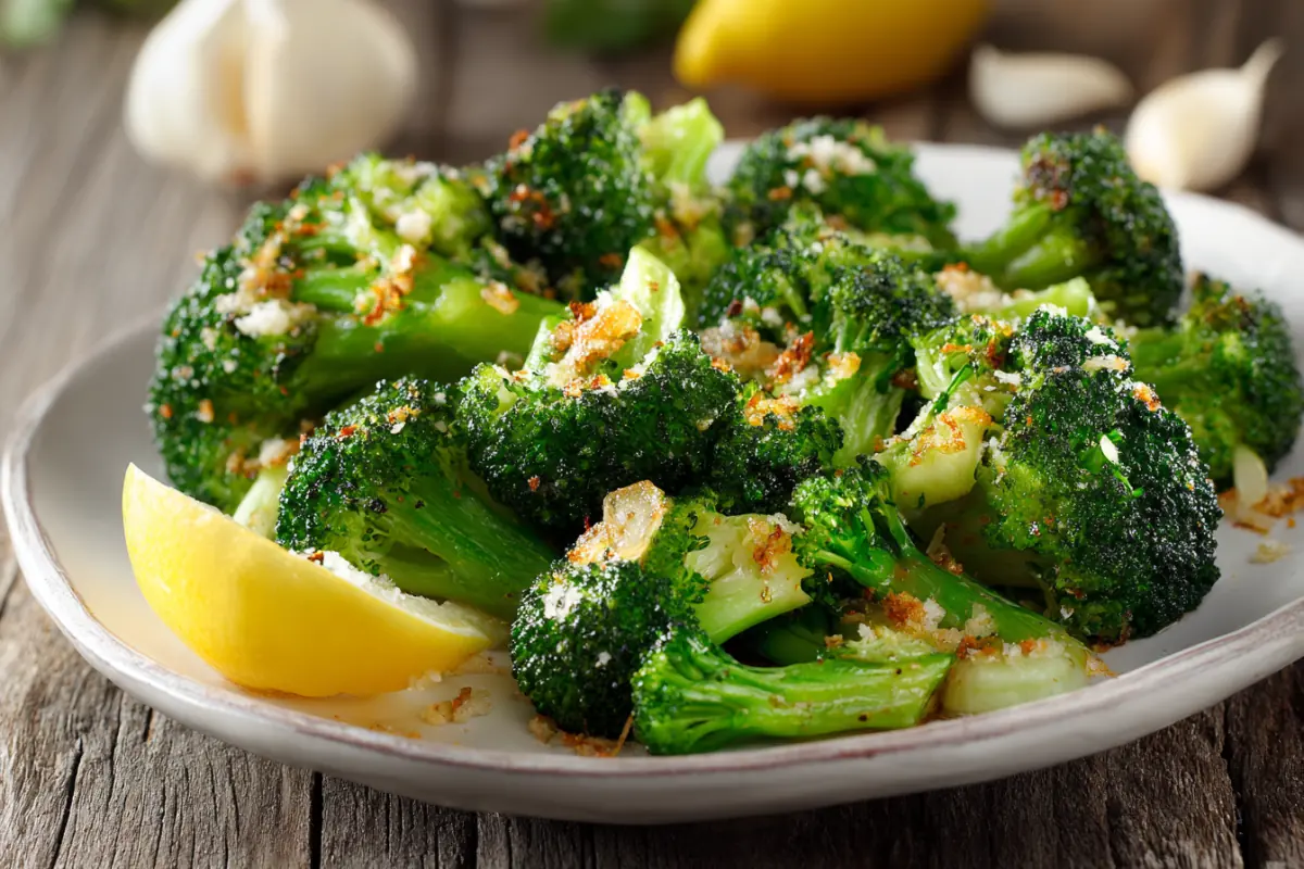 Roasted broccoli with garlic and Parmesan on a white plate