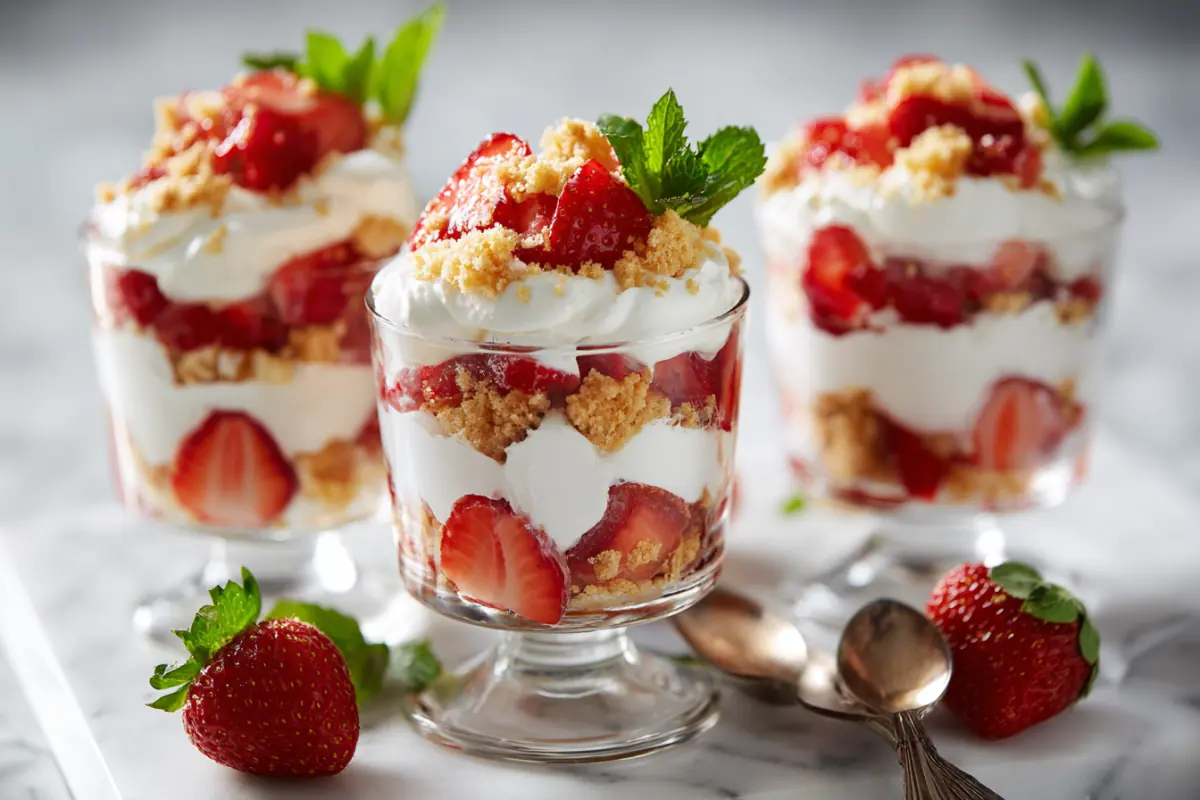Strawberry shortcake parfait with cream biscuits and berries in glass cup