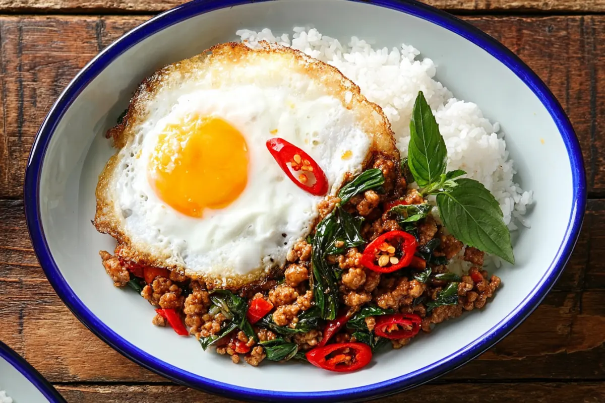Thai basil chicken stir fry over rice with basil and chili garnish