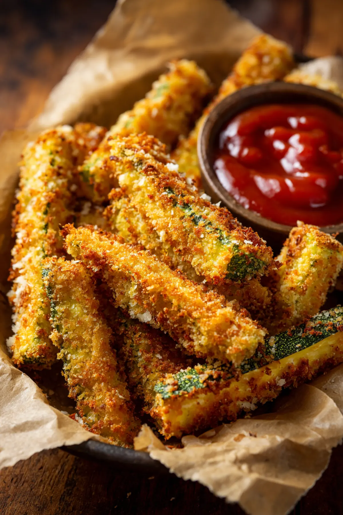 golden baked zucchini fries with parmesan coating